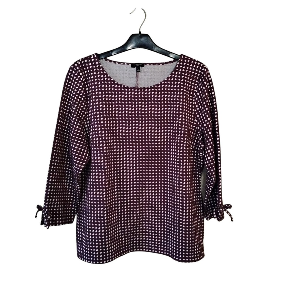 Talbots Petites Burgundy White Starburst Knit Top 3/4 Tie Sleeve LP Cotton Blend